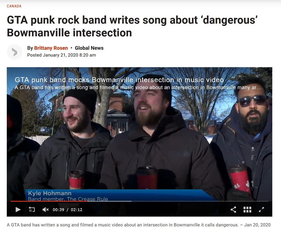 GTA punk rock band The Crease Rule spreads awareness about a dangerous three-way stop through a song called 'Three-way stop'